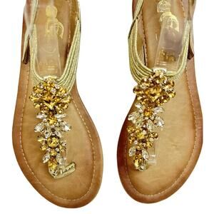 Women's Thong Flat Sandals 7.5 Gold Faux Leather w/ Gold & Clear Gem Rhinestones
